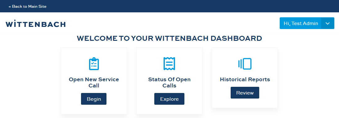 The WBS ticketing portal dashboard page, built with React